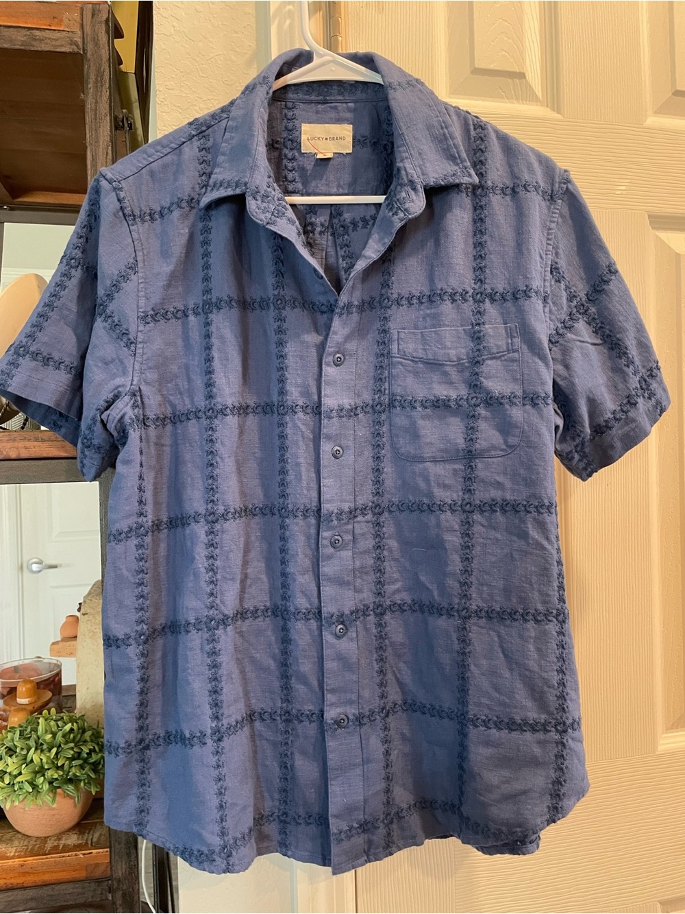Lucky Brans Navy Button up Embroidered short sleeve window pane pocket blouse M
